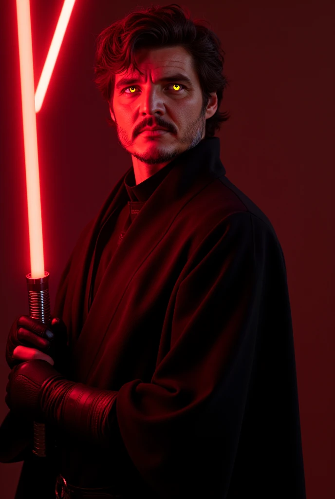 Pedro Pascal,sith yellow eyes, black sith robe tunic, holding a red lightsaber 