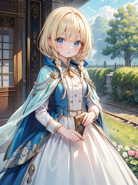  Masterpiece,  top quality,  very detailed, 16k,  ultra high resolution, cowboy shot,  detailed face,  perfect fingertips,  1 woman, ,  blue eyes,  blond,  braided, royal palace, garden, , Long train dress and cape