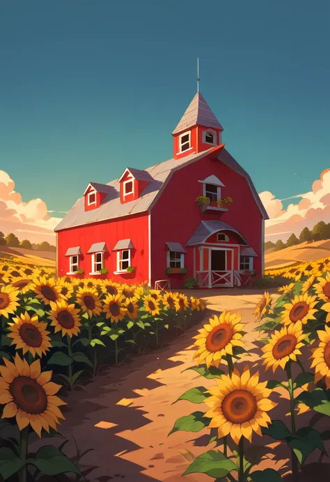 landscape, sunflower farm, farm house, barn, cows, goats, fields of sunflowers