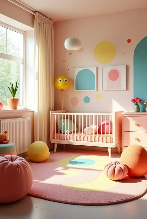 Interior design of a room for a newborn baby with bright colors with good lighting and visually appealing without people