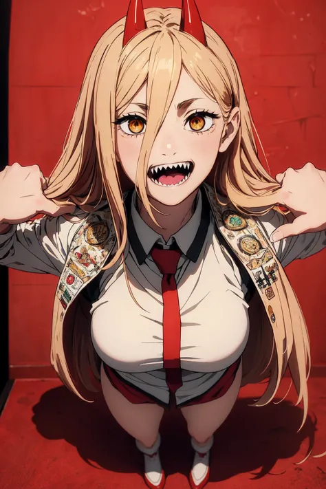  Masterpiece， (Sharp teeth:1.1),（ Portrait of a chubby Japanese girl  ，  full body image ，  intricate details，  very detailed， finely detailled），  best quality best ， Power，  chainsaw man， 1 girl， Guardhouse， Alone， teeth， Playful ， Mischievous Smile ，尖ったt...