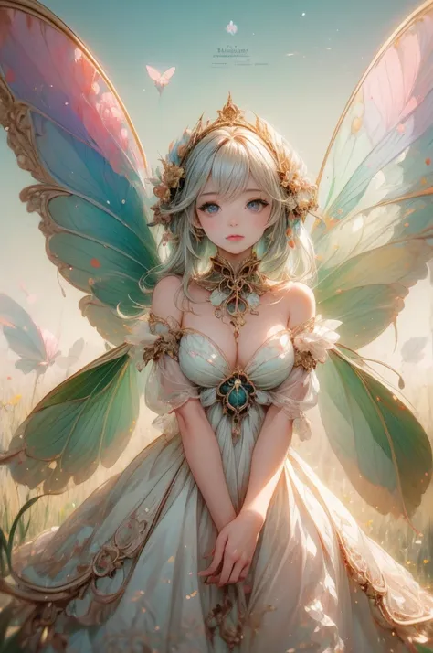 "((Innocent))  girl,  Golden Hour , Dreamy grassland, Mysterious, Fantastic,  Relaxed Dress , Gentle sunlight, enchanting,   butterfly wings, ( Pastel Clouds ), Liquid Reflection