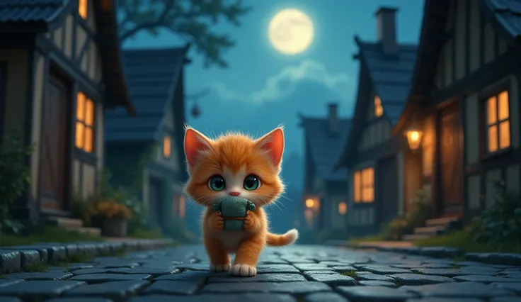  kitten with soft orange fur, big bright green eyes, and a tiny cloth bundle tied with a string in its mouth. The kitten walks cautiously through a narrow village street under a glowing full moon. The cobblestone path reflects the moonlight, and the wooden...