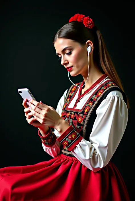 A Belarusian woman in a national costume, sitting with an iPhone in her hands, browsing Instagram, AirPods headphones in her ears. Modernity meets tradition. Either detailed Belarusian embroidery on a black background, bright patterns, contrasting colors, ...