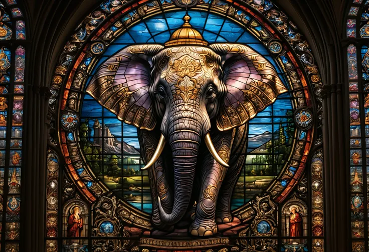 intricate stained glass window, large stained glass cathedral window, detailed stained glass pattern, ornate stained glass design, stained glass elephant figure, stained glass animal figure, ornate stained glass church window, detailed stained glass puzzle...