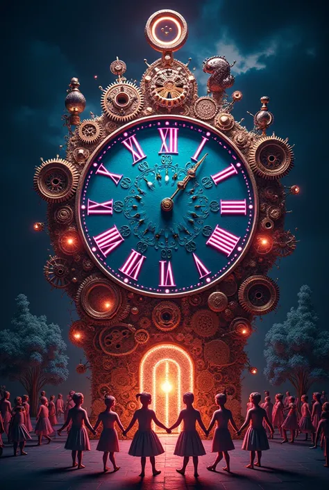 ultra detailed, absolutely resolution, masterpiece. 
neon light art.
A clock made of many gears.
wonderland. 
The little people are dancing happily in a circle. 