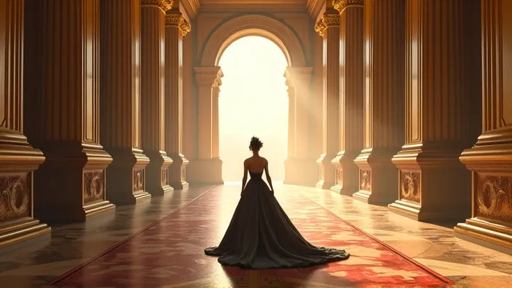 The grand corridors of the palace stretch endlessly, but the queen moves with quiet determination, her silk gown barely making a sound as she glides toward the stables."