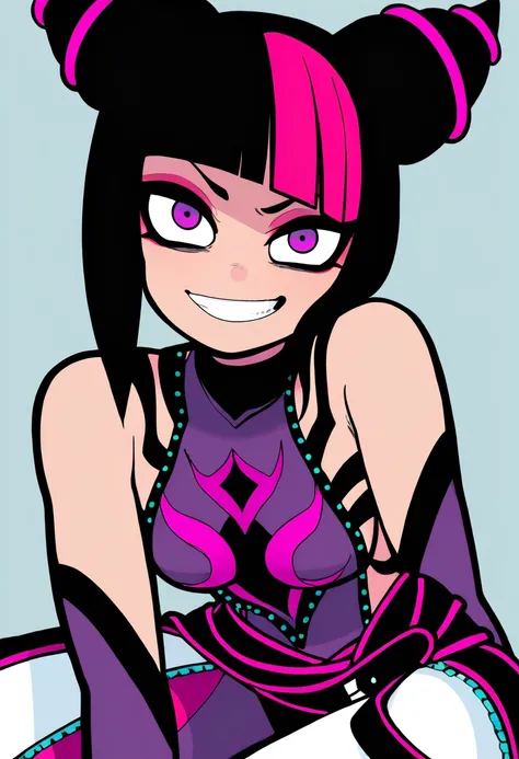 best quality, amazing quality, very aesthetic, absurdres, anatomically correct 
BREAK
han juri, street fighter, 1girl, black hair, purple eyes, solo, purple leotard, white pants, medium breasts, sadistic smile, simple background, 