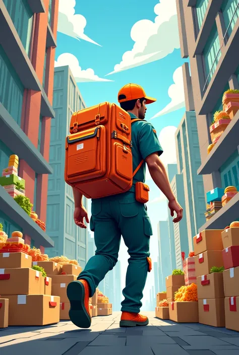 make an illustration of a person with the profession of courier between food and goods 