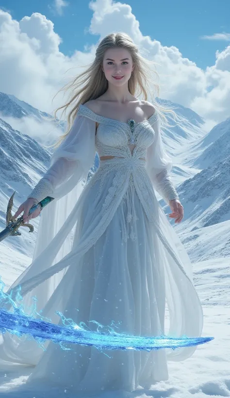 a woman in an ancient style dress, holding a cold ice sword with blue flames, dancing in the snow with long flowing hair, holding a silver long sword, adorned with jade jewels, confident smiling face, floating in the clouds with mountains in the background...