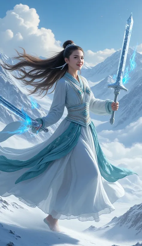 a woman in an ancient style dress, holding a cold ice sword with blue flames, dancing in the snow with long flowing hair, holding a silver long sword, adorned with jade jewels, confident smiling face, floating in the clouds with mountains in the background...