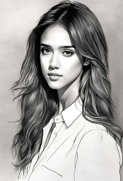 drawing of the face of a 35 year old woman,long hair,dark haired,white satin shirt, jessica_alba