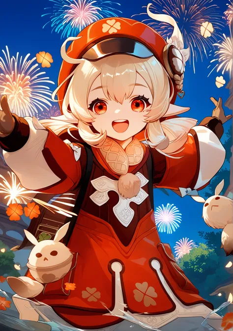 score_9, score_8_up, score_7_up, 1 girl, Klee_(genshin_impact), (high detailed face and clothes), exploding bombs all around, fireworks, jumping and having fun, joy, hands up throwing dodoco bombs