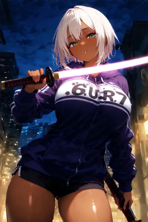 4k,ultra detailed,(holding beam katana),girl,  tanned skin,background urban,at night,