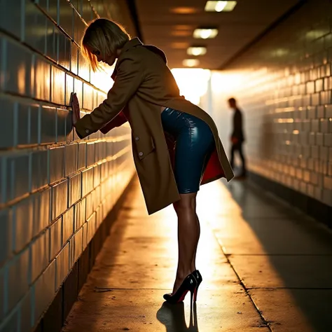 Create a dramatic and moody scene featuring a woman viewed from behind in a tunnel with white subway-style tiles. She is leaning forward with both hands placed on one wall. The woman wears a beige coat with a high back slit that reveals a tight, shiny blue...