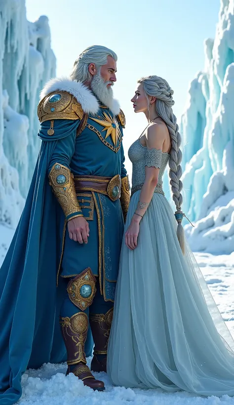 Nordic Ice King & Valkyrie Queen
A towering Nordic king with icy blue eyes, golden shoulder armor, and a flowing blue cape, next to his fearless queen with braided silver hair. They stand in the heart of an icy fortress