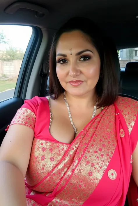 Big breast chubby Indian wife in saree taking selfie in bindi in car