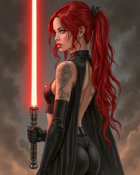 a beautiful woman, view from side, sith apprentice, red long hair, yellow eyes and white skin, dark side tattooes, sexy black sleeveless tracksuit open on the breasts ( no exposed nipples), smiles slyly, red lightsaber in hand, perfect hands, perfect detai...