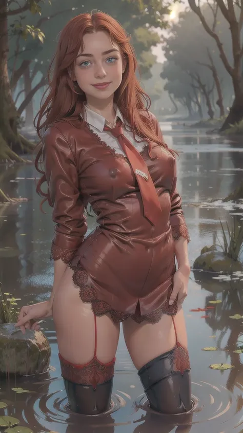   Cute young beautiful  schoolgirl  ,  beautiful cute  face  , ((nude)) ,  red tie, red long curly hair,   blue eyes,  standing in the swamp ,  water up the knees, photorealistic , happy face, smiling, ((lace stockings with hold ups)) 