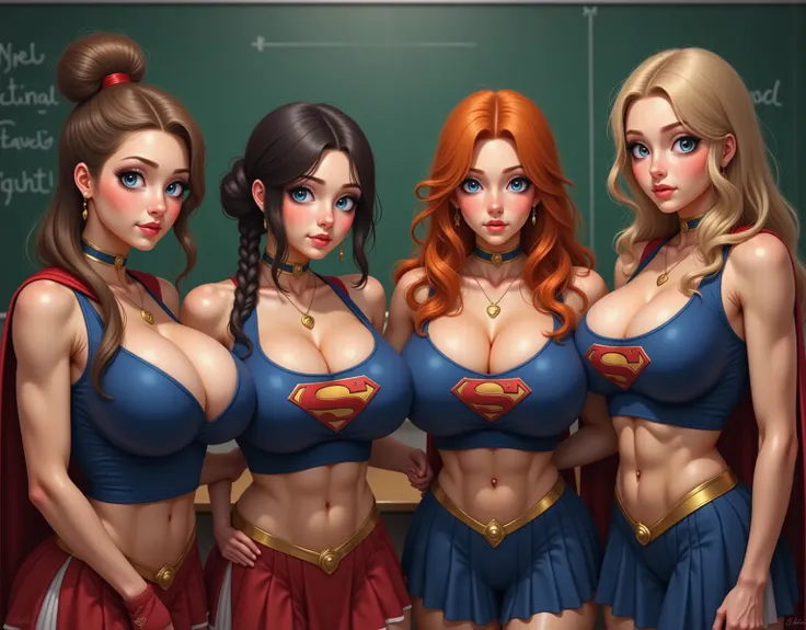 ONE WITH BRUNETTE HAIR IN A BUN, ONE WITH ORANGE BRAIDED HAIR, ONE WITH BLACK PIG TAILS, ONE WITH BLONDE HAIR IN A PONY TAIL. ALL WITH BLUE EYES. real photograph, 4 young looking incredibly busty MATURE girls with cute innocent frightened faces, skinny bod...