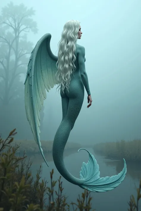 Mermaid with long white curly hair,  with a long tail , with big wings like an angel, with pale blue skin covered with scales. Against the background of the swamp on a foggy morning. The mystical atmosphere of the painting