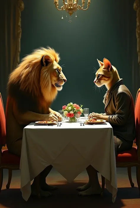 A picture of a lion and a human-shaped cat sitting at the dining table eating 