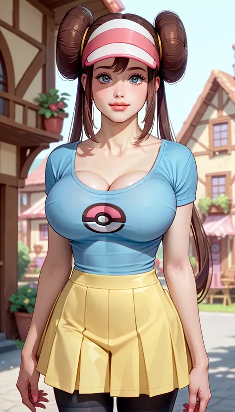 (Rosa from pokemon), ((big round gravity defying fake tits)), brunette bimbo, adult age 26, gorgeous, model, detailed perfect eyes, short pleated skirt, tight shirt cleavage, ((Pokemon town setting)), (confidence seduction), 