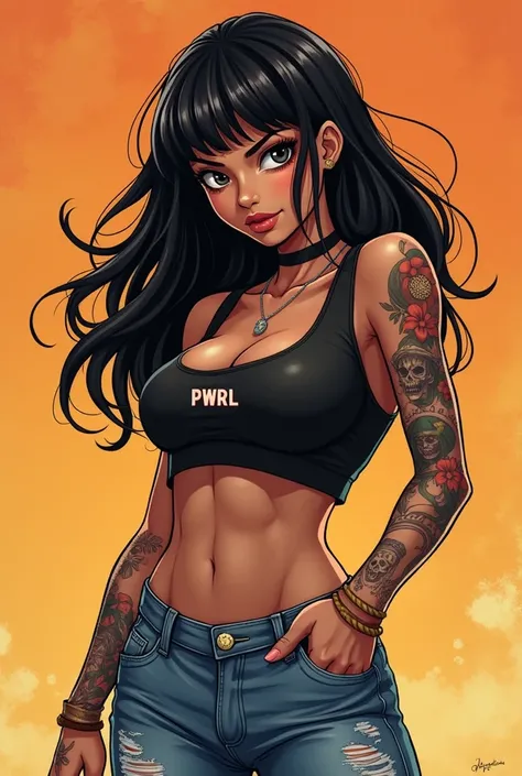 Image d’une femme type nico robin / Nami in sexy bad ass fashion of Afro-Asian origin with a small PWRL logo on her top and jeans pants and a self-styled One Piece tattoo on her right arm. In Nikka mode