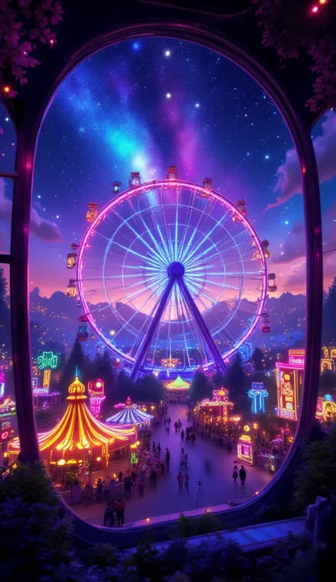  gradient starry sky 。Illuminateネオンカラーの、キティーちゃんがIlluminateRainbowの観覧時に乗っています。From the ferris wheel window、You can overlook a beautiful, glittering amusement park。遊園地と観覧車はIlluminateRainbowIlluminations of。 Very Beautiful Shining Hello Kitty、What is an amuse...