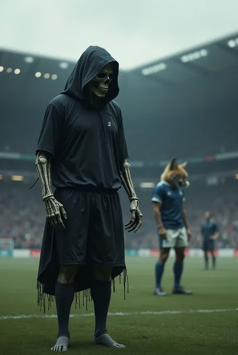 Grim Reaper in a black rugby shirt crying on a stadium after her defeat against a humanoid lynx who is also in a blue and white rugby shirt