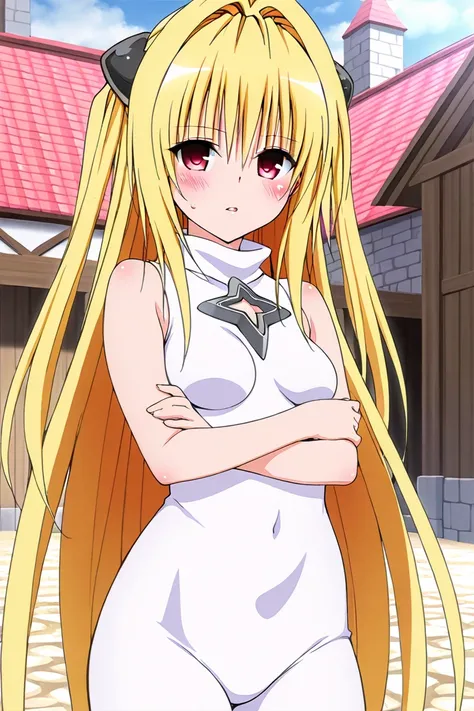 love-ru, konjiki no yami, 1 girl, red eyes, detailed eyes, embarrassed face, bright yellow hair, masterpiece, highest quality, excellent quality, Female 1 girl, alone, sidelocks, bare arms, sleeveless, white bodysuit, bare shoulders, masterpiece, best qual...