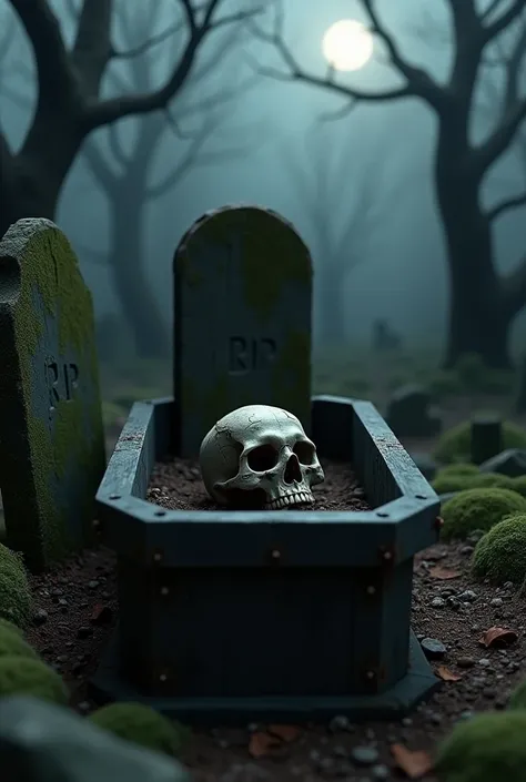 prompt:
" A 3D diorama of an open casket in a dark and dark cemetery . Behind the coffin is a headstone with the inscription RIP. Inside the coffin,  there is an aged skull with cracks and marks of decay .  The weathered wooden casket has rusty nails and i...