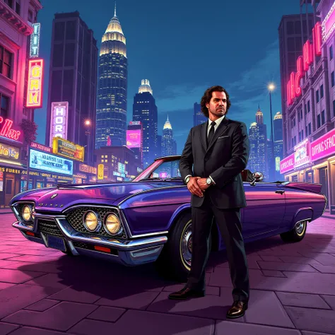 album cover of a lowrider convertible in kuala lumpur, a cool latin male in all black suit, medium beard, wavy hair in the car, GTA 5 style