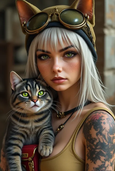 A girl with ash-white hair, aged 20-30 years, of European appearance, with expressive features and noticeable freckles.  She wears a stylized olive-colored beanie hat with cat ears . Large steampunk glasses are worn over the cap. Incredibly beautiful almon...