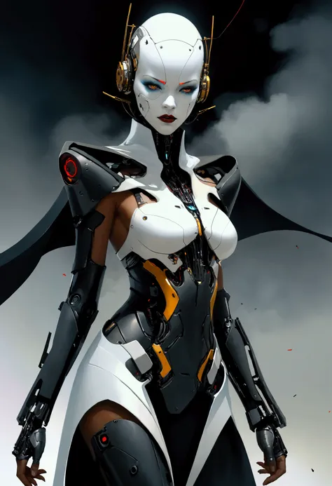 Dark fantasy art,Cyberpunk, White Mechanical Guardian,Donning a cybernetic cape,Mechanical parts damage, cruel、Violence：1.1,(Dust clouds),(arena),(arms:1.1),author：Sandra Chevrier, Dave McKean、Richard Avedon、Screenplay by Makizi Kuciala, Luminous design