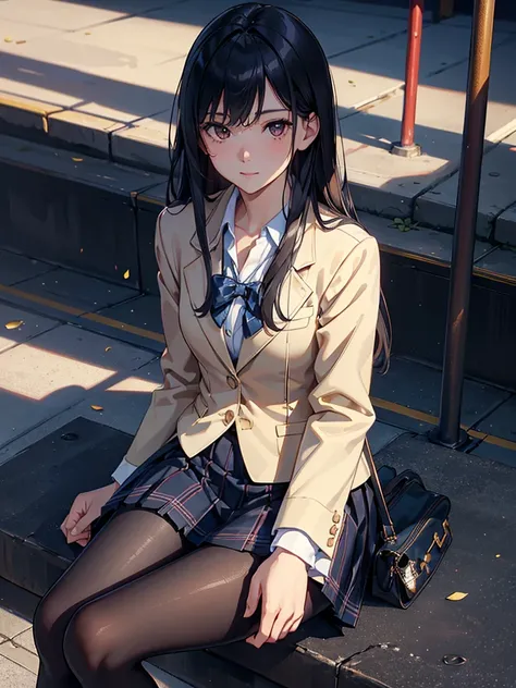  Masterpiece,  top quality,  ultra high resolution,  detailed details,  perfect anatomy, 8k, UltraHD,  Photorealistic,  Movie Lighting, ((The background is a Japanese school yard)),  cowboy shot,  1 beautiful girl, ( sitting on the steps),  put hands toget...