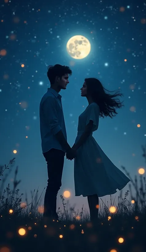 A couple standing under a starry night sky, surrounded by glowing fireflies, the moon casting a soft light on them, their eyes filled with deep love, holding hands gently, a dreamy and magical atmosphere, cinematic composition, ultra HD, highly detailed.