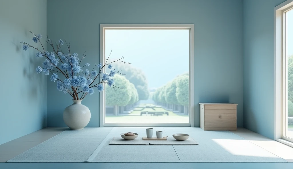 Peaceful minimalist Japanese tea room with a single flower arrangement, in soft blue tones