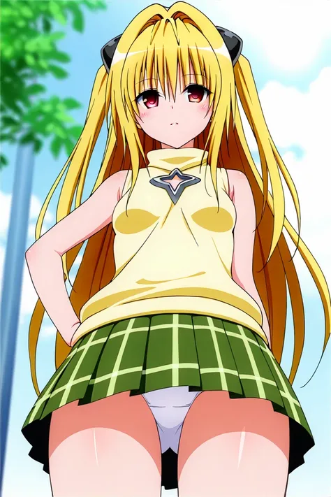 love-ru , konjiki na yami,  1girl,  Red eyes ,  embarrassment face, bright yellow hair,  masterpiece,  top quality ,  excellent quality, behind, ,  yellow sweater ,  green checkered skirt, sleeveless, white shirt under the sweater, underskirt view ,  white...