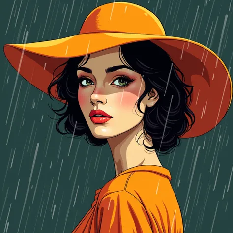 a vector illustration of a classical elegant wet woman in (((heavy rain))), with a long thick curved orange hat, that adds a touch of mystery and sophistication to the design. The hat is intricately detailed, with thin lines and sharp curves, showcasing th...