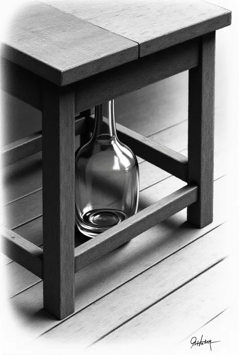 Can you generate a black and white pencil drawn picture of a bottle under the table?