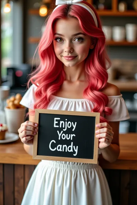  Beautiful girl with slender chocolate body ,  wavy strawberry candy hair ,  wide hips,  sugar white dress ,  holding a glass blackboard with the text "Enjoy Your Candy  "  and showing it to the spectator,  wooden counter background , sharp focus,