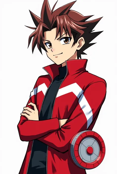   
Create a stylized avatar for a YouTube channel about Yu-Gi-Oh!. The character should be a young and confident duelist, with a look inspired by the Slifer Red uniform from *Yu-Gi-Oh! GX*. He should wear a red and white jacket with modern and dynamic deta...