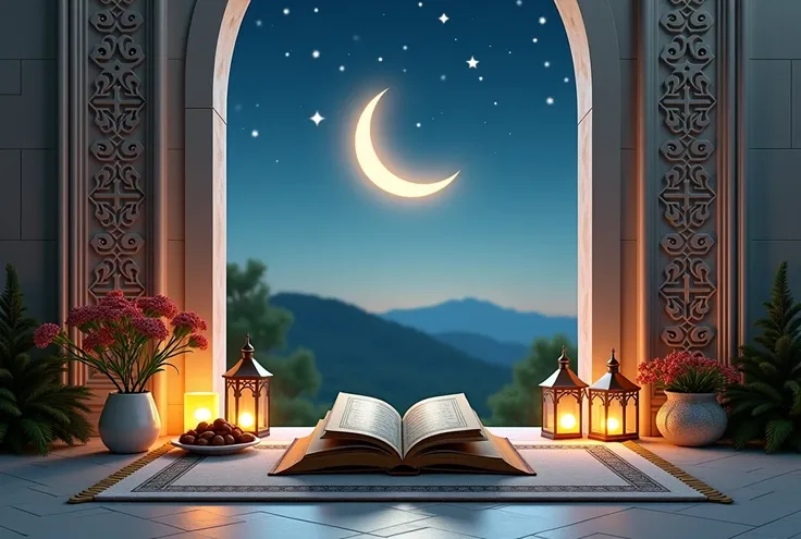 An ultra-high-quality, symbolic representation of the month of Sha’ban in Islam, focusing on its spiritual significance and preparation for Ramadan. The scene features a crescent moon gently rising in a clear night sky, surrounded by twinkling stars, symbo...