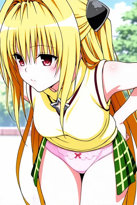 love-ru , konjiki na yami,  1girl,  Red eyes ,  embarrassment face, bright yellow hair,  masterpiece,  top quality ,  excellent quality, behind, ,  yellow sweater,  green checkered skirt, sleeveless, white shirt under the sweater, underskirt view ,  lace p...