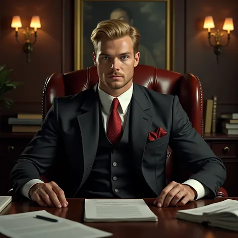 a blond, athletic man wearing a lab coat with a red tie, sitting in a leather chair in an office with papers on the desk and framed artwork on the walls, acing forward, detailed facephotorealistic, highly detailed, hyperrealistic, high lighting, profession...