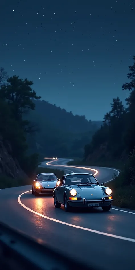 Quiet night time, Downhill road, corner, Clear starry sky, Porsche 911 2nd generation in mouse color, Followed by Porsche GT3, Drift, The headlights illuminate the front