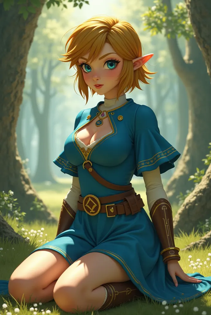 Zelda, Kneeling, licking lips, pov, cleavage, high detail, high quality, (best quality), (masterpiece), 1 girl, early 20's, huge heavy breasts, thick, thick lips, wide hips, thin waist, princess zelda, nintendo, the legend of zelda, botw, totk, short hair,...