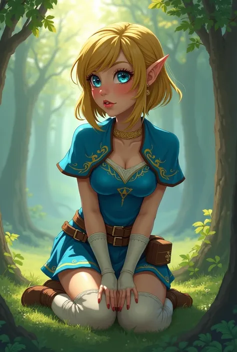 Zelda, Kneeling, licking lips, pov, cleavage, high detail, high quality, (best quality), (masterpiece), 1 girl, early 20's, huge heavy breasts, thick, thick lips, wide hips, thin waist, princess zelda, nintendo, the legend of zelda, botw, totk, short hair,...