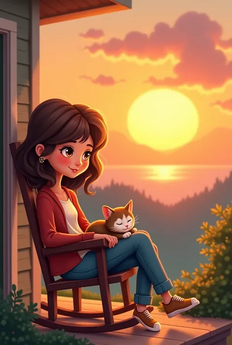 a cartoon of a young lady with wavy brown hair, watching the sunset on a rocking chair with his common European kitten sleeping on his legs 